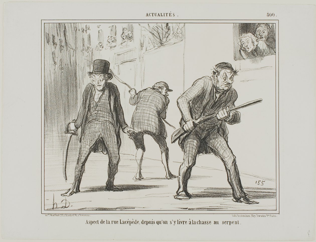 Veduta di rue Lacépède durante la caccia al serpente, tavola 500 da Actualités da Honoré Victorin Daumier
