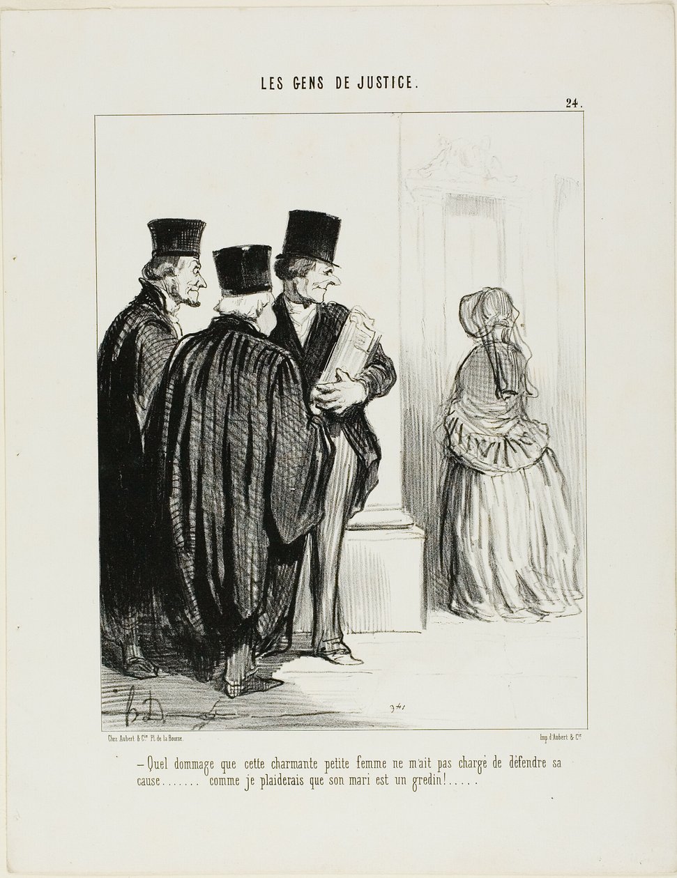"Che peccato che questa deliziosa signorina non mi abbia chiesto di presentare il suo caso [in tribunale]... Mi piacerebbe molto sostenere che suo marito è un mascalzone...", piatto 24 da Les Gens De Justice da Honoré Victorin Daumier