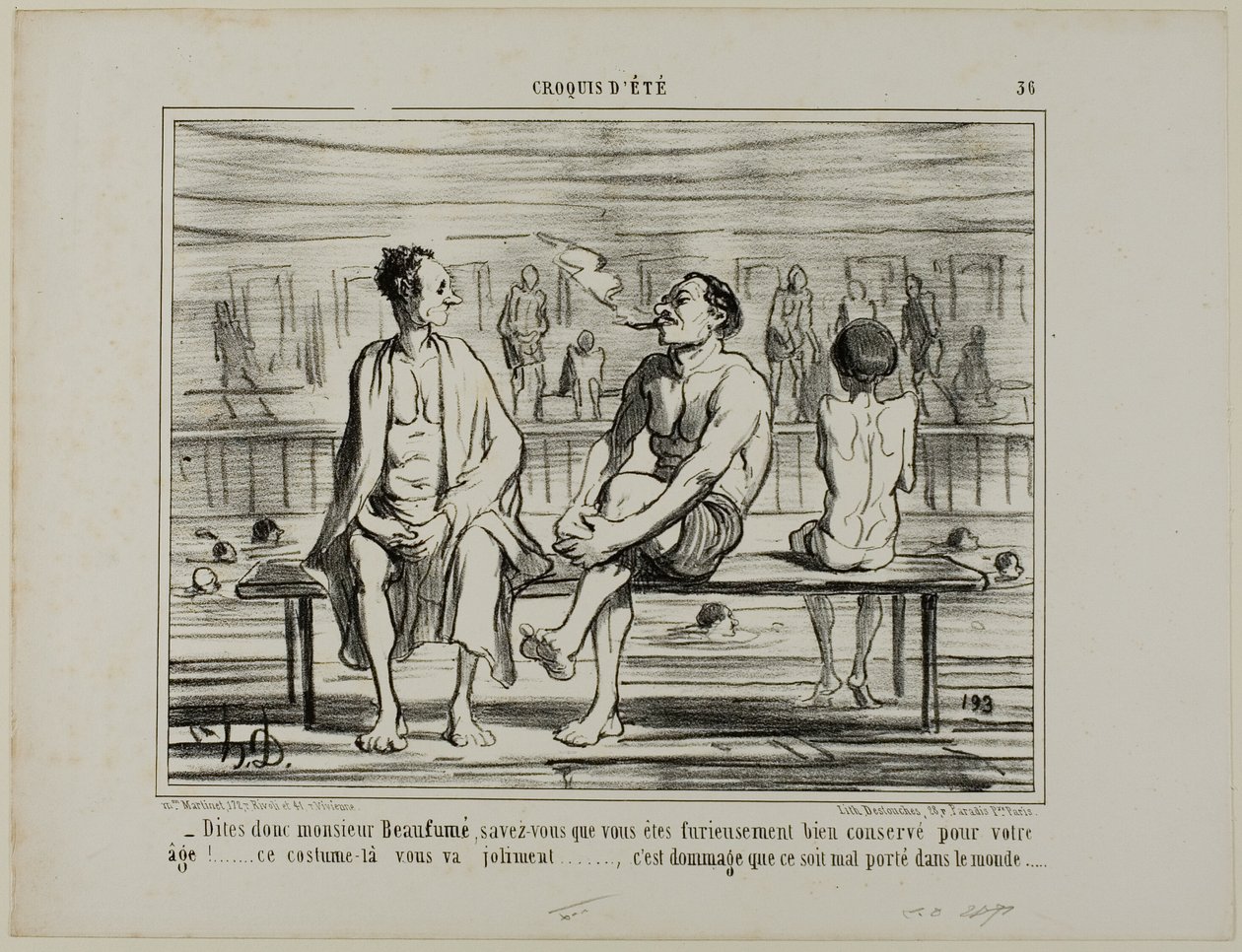 "Sapete, Monsieur Beaufumé, in realtà vi siete mantenuto dannatamente bene considerando la vostra età. Questo costume vi si addice perfettamente.... solo un peccato che non stia bene a tutti", piatto 36 da Croquis D