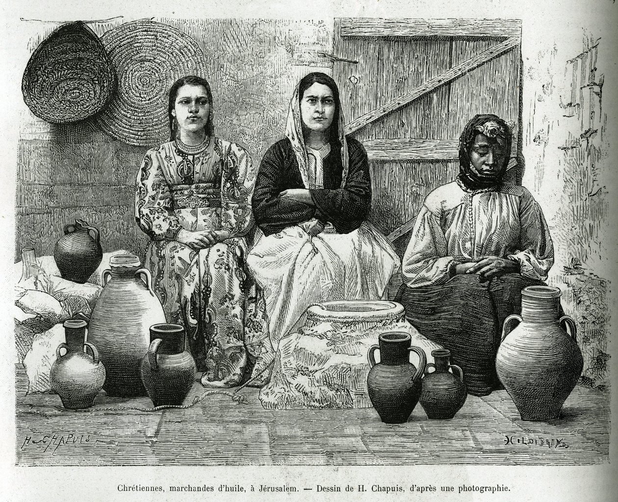 Cristiani, commercianti di olio a Gerusalemme. Incisione di H.Chapuis, per illustrare La Siria di oggi, di M.Lortet, decano della Facoltà di Medicina di Lione, incaricato di una missione scientifica dal Ministero della Pubblica Istruzione, pubblicato in Le da Honore (after) Chapuis