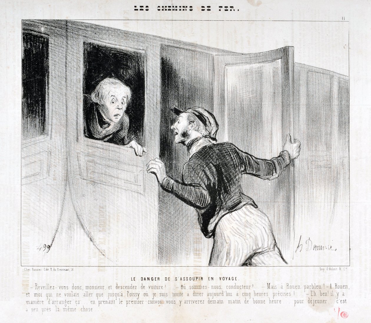 Opera di Honoré Daumier (1808-1879). Charivari del 1843: Serie LES RAILWAYS Il pericolo di addormentarsi durante un viaggio -Sveglia Signore e scendi dalla carrozza! - Dove stiamo andando? - Ma a Rouen parbleu! - A Rouen e io che volevo solo andare a Poi da Honoré Daumier