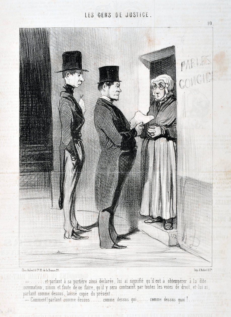 Opera di Honoré Daumier (1808-1879). Charivari del 1845: Serie LES PEANS DE JUSTICE -... e parlando alla sua porta così dichiarato, gli ha fatto capire che doveva obbedire alla suddetta intimazione, altrimenti e in mancanza di farlo sarà costretto a da Honoré Daumier