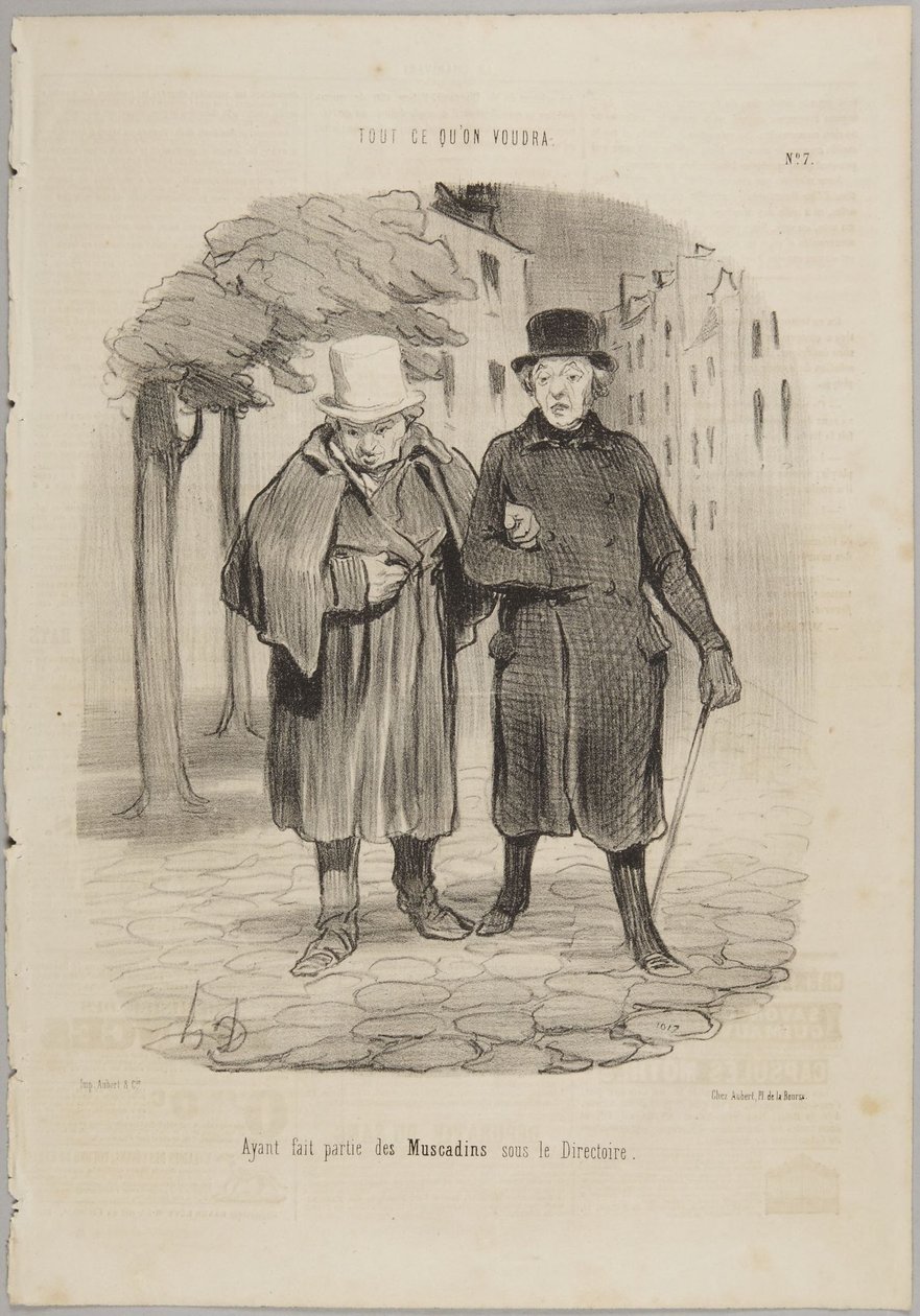 Avendo fatto parte dei Muscadins sotto il Direttorio, numero 7 della serie «Tout ce qu’on voudra» di Le Charivari da Honoré Daumier