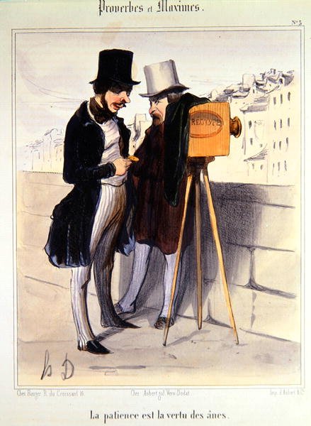 Cartone animato che ridicolizza il tempo necessario per scattare una foto dagherrotipo, c.1840 (litografia a colori) da Honoré Daumier