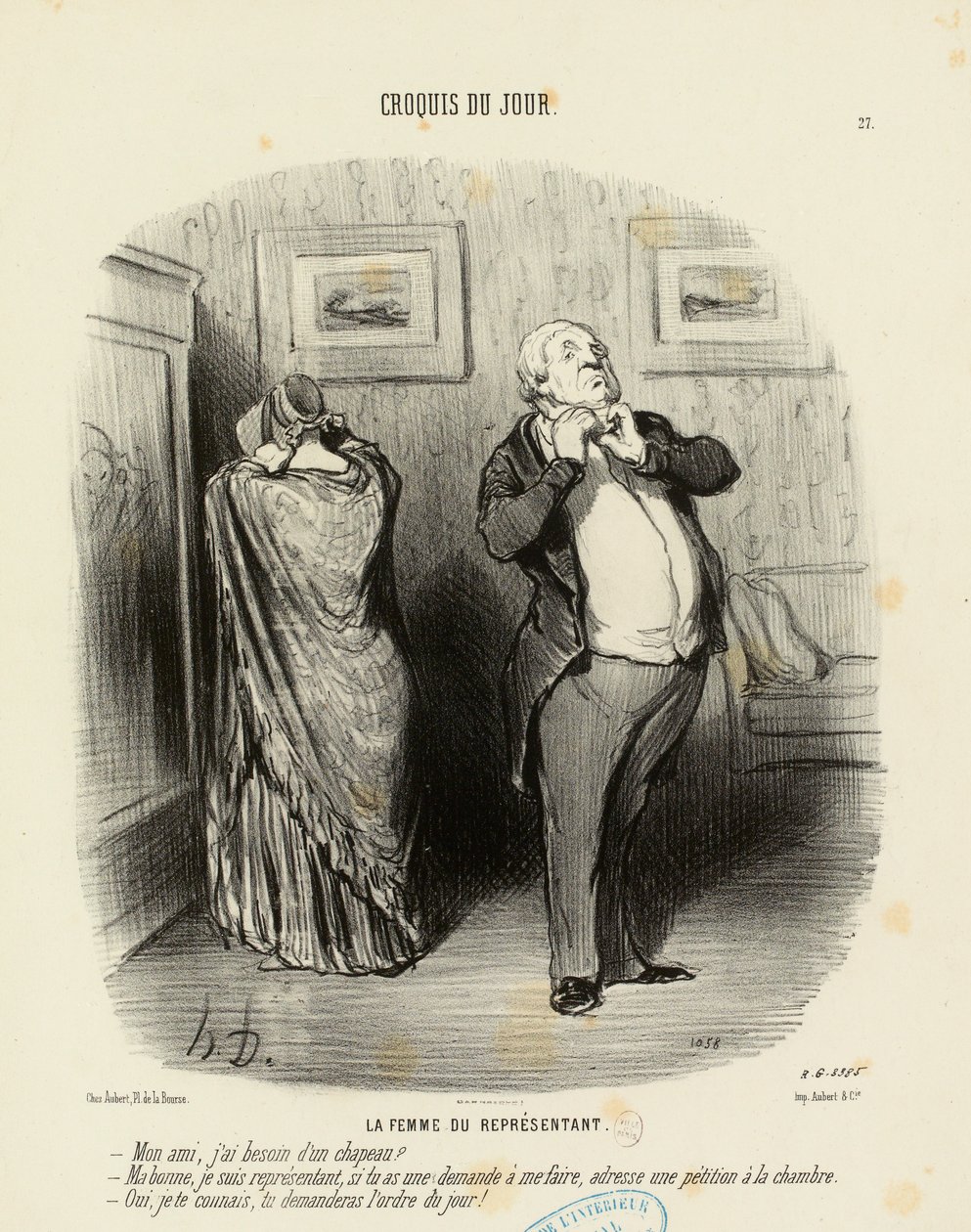 Schizzo del giorno n. 27: La moglie del rappresentante. - Amico mio, mi serve un cappello da Honoré Daumier