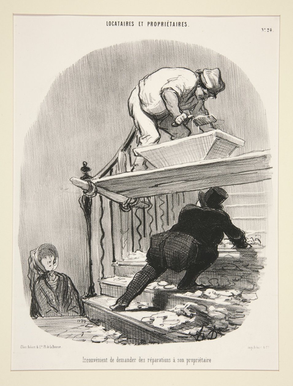 Gli svantaggi di chiedere al proprietario di effettuare delle riparazioni. (Inconvenience of asking the landlord to repair the house.), n. 24 della serie Locataires et propriétaire (Inquilini e proprietari) da Honoré Daumier