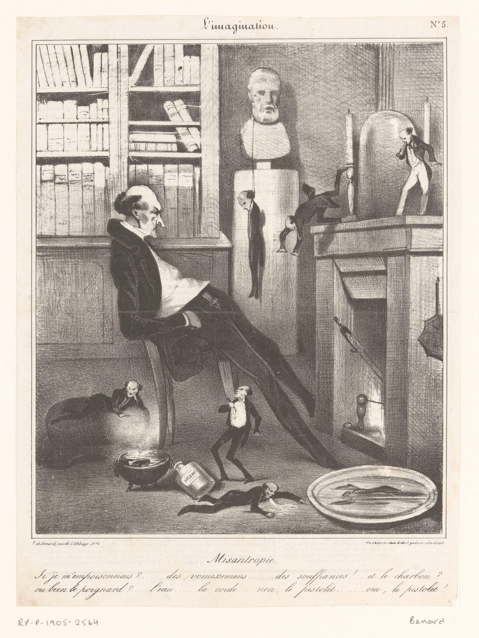 Caricatura di un misantropo che riflette su come suicidarsi da Honoré Daumier