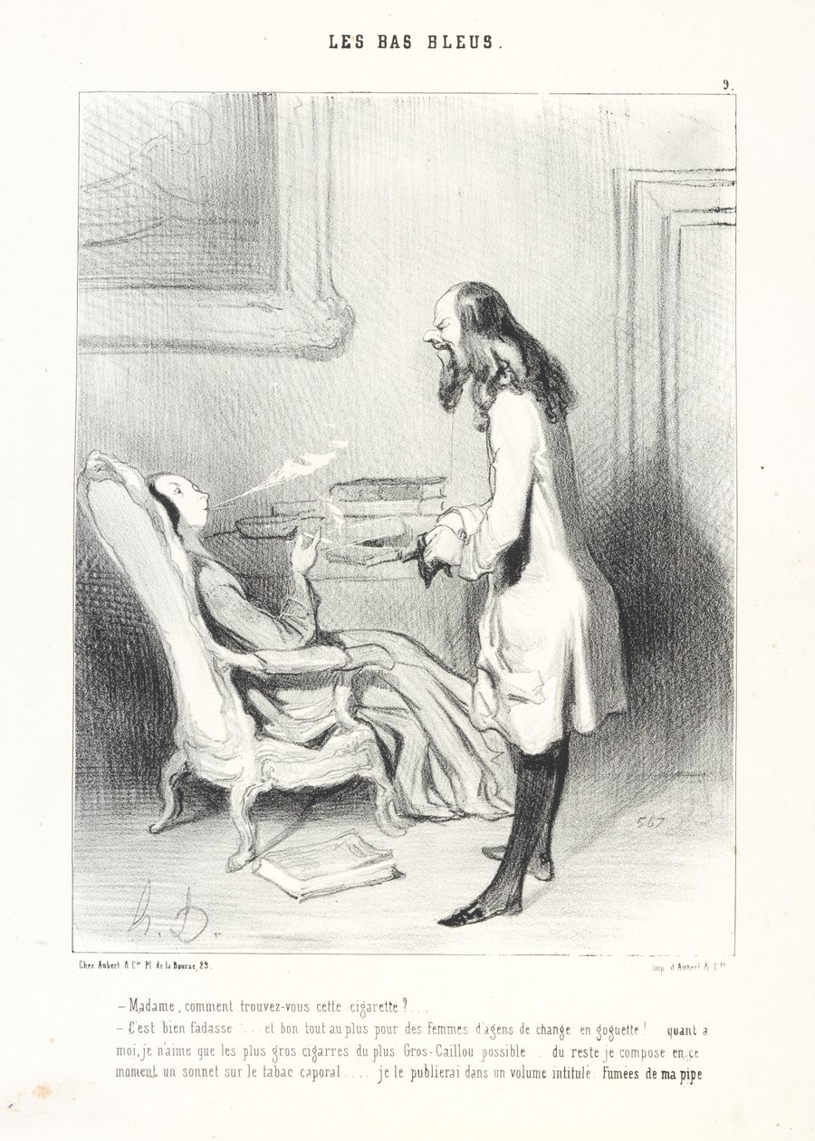 Signora, come le sembra questa sigaretta . . ./È davvero insipida. . . e va bene al massimo per le mogli degli agenti di cambio in gita! ... quanto a me, mi piacciono solo i sigari più grossi del Gros-Caillou più grande possibile... del resto mi accontento da Honoré Daumier