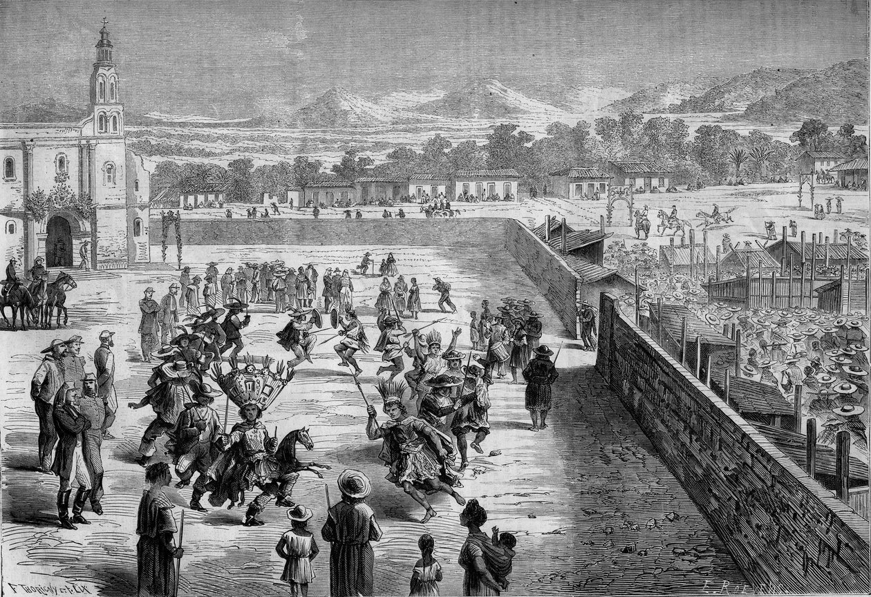 Usanza messicana: festa e danza indiana a Santa Anna (Messico) in memoria della conquista di Fernando Cortez. I messicani erano vestiti come conquistadores spagnoli e soldati dell