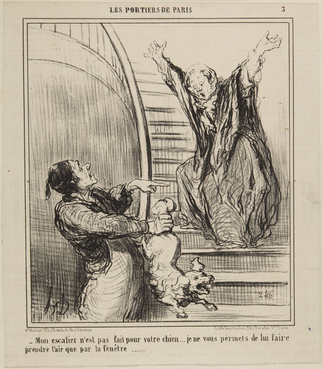 La mia scala non è fatta per il vostro cane..., numero 3 della serie I portieri di Parigi da Le Charivari da Honoré Daumier