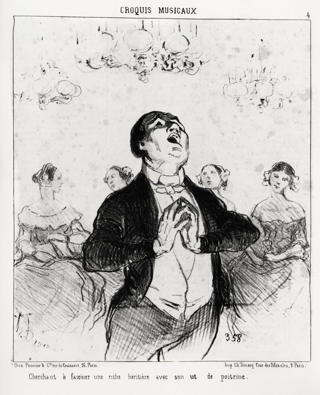 Bozzetti musicali: cercando di affascinare una ricca ereditiera con il suo petto. Illustrazione di Honoré Daumier, pubblicata su 