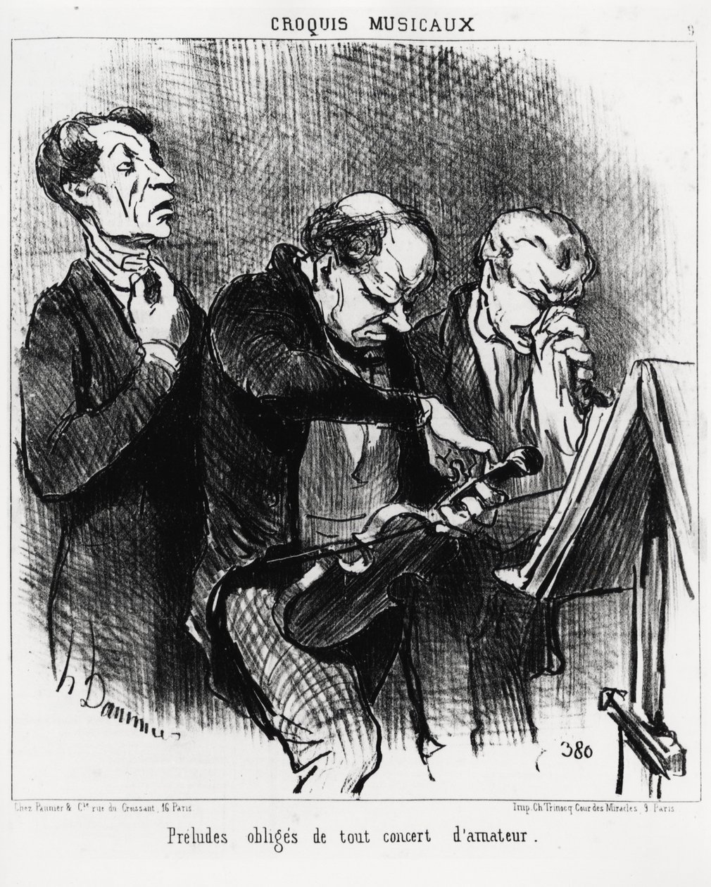 Bozzetti musicali: preludi obbligatori di qualsiasi concerto amatoriale. Tre musicisti si sforzano di illuminare le loro voci, accordare un violino e soffiarsi il naso con ostentazione. Illustrazione di Honoré Daumier, pubblicata su 