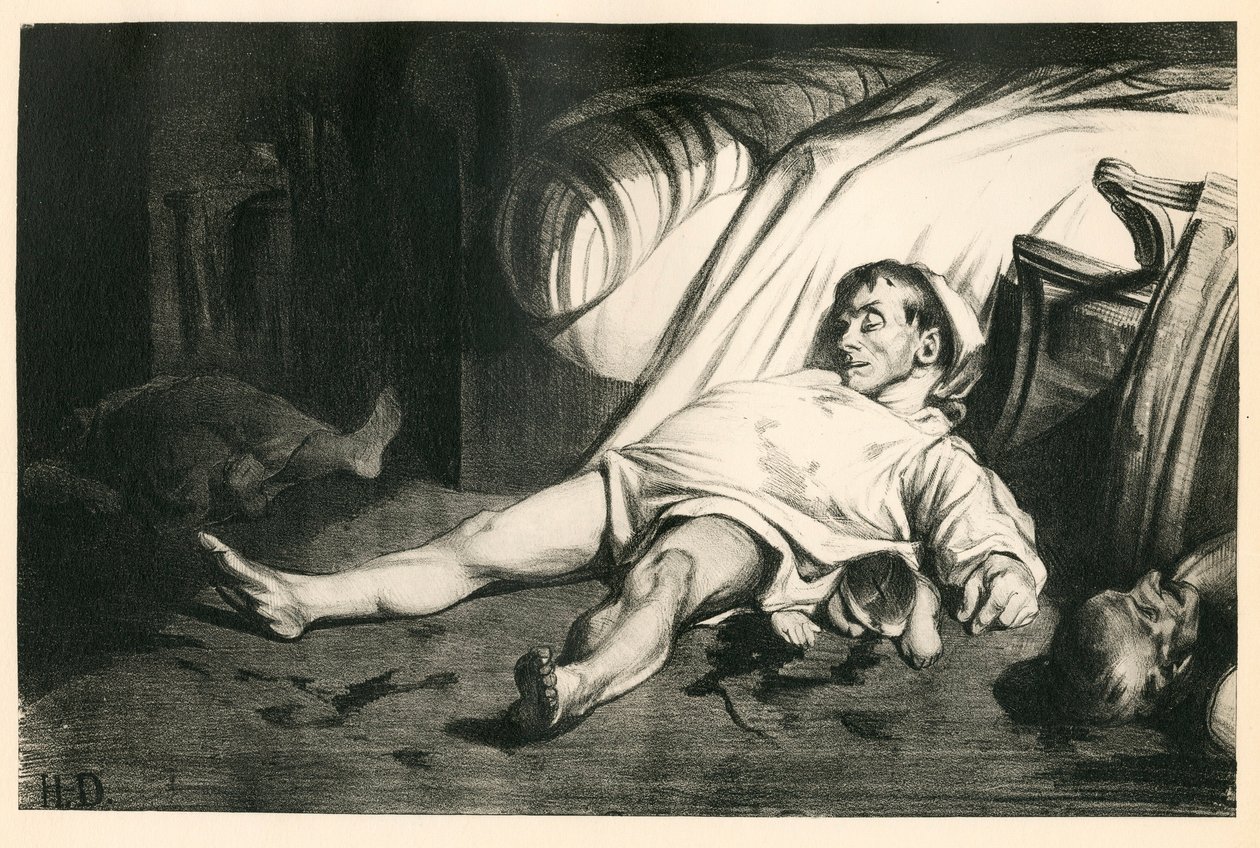 Cento venti litografie di H. Daumier, Satirico in N & B, circa 1834: Massacro di rue Transnonain (Parigi) - Repubblicano, Cadaveri, Repressione - Illustrazione di Honoré Daumier (1808-1879) da Honoré Daumier