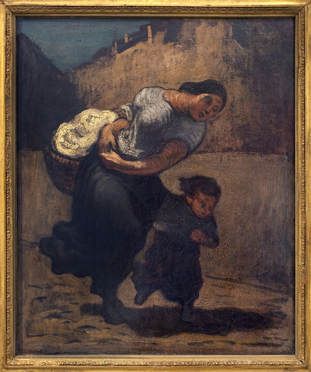 La tempesta (la lavandaia). Una donna che tiene un cesto con un bambino, probabilmente per proteggersi dalla pioggia. Opera di Honore Daumier (1808-1879), olio su cartone da Honoré Daumier