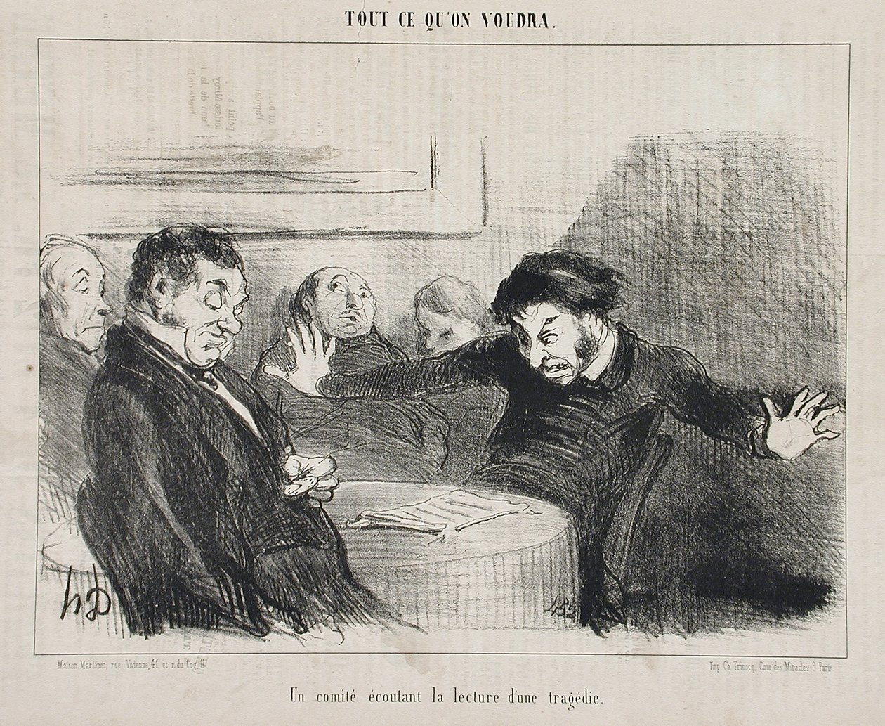 Un comitato ascolta la lettura di una tragedia da Honoré Daumier