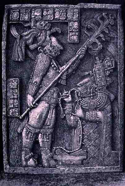 Architrave di Pietra Scolpita dal Tempio 23, Yaxchilan, 726 d.C., che mostra il sovrano Scudo Giaguaro e sua moglie, Lady Xoc, che conducono un rituale di autosacrificio, da Le Antiche Città del Nuovo Mondo, di Claude-Joseph-Desire Charnay da Honore after Chapuis