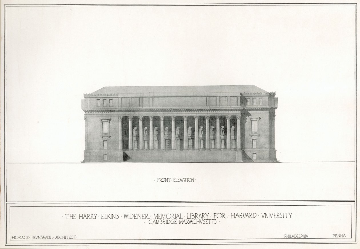 Elevazione frontale, la Harry Elkins Widener Memorial Library per Harvard University, Cambridge, Massachusetts da Horace Trumbauer