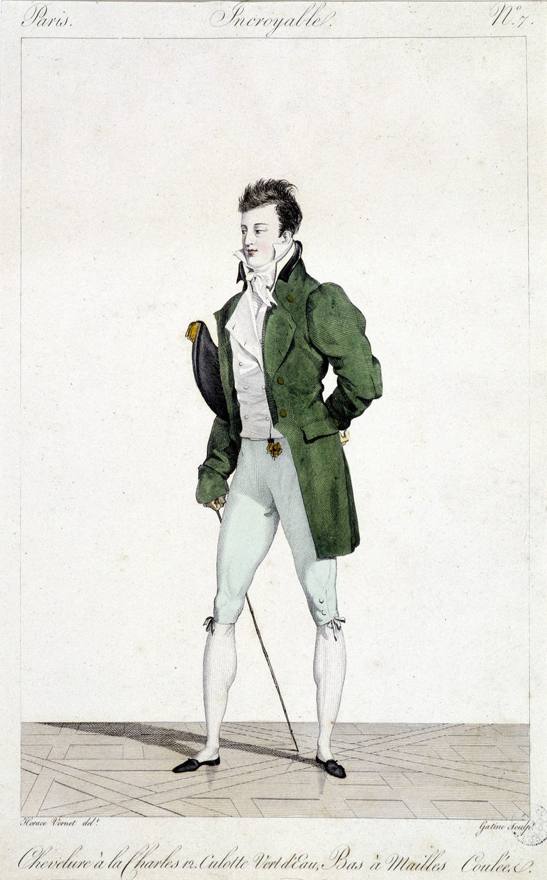 Parigi straordinaria. Uomo con i capelli di Carlo XII, indossa mutande verde acqua e calze a rete. Illustrazione della moda maschile realizzata intorno al 1810 da Horace Vernet (1789 - 1863) da Emile Jean Horace Vernet