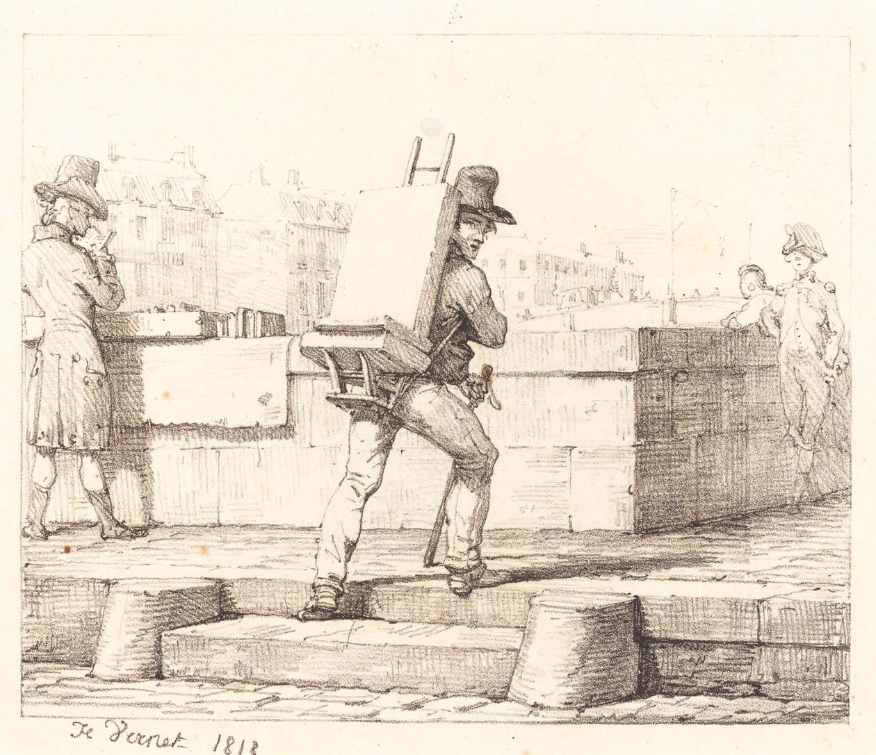 Artista che trasporta un cavalletto con una pietra litografica da Emile Jean Horace Vernet