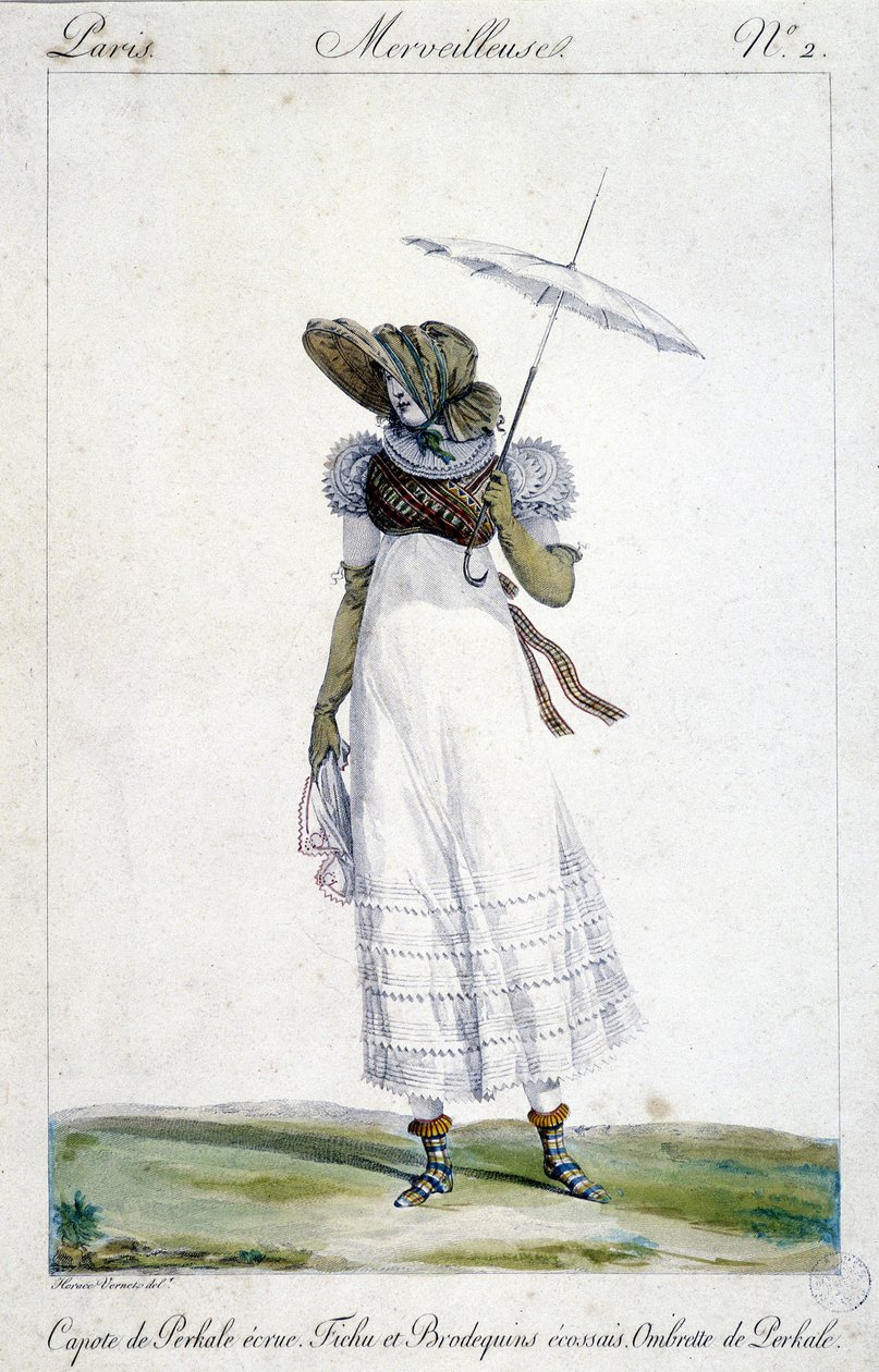 Incisione di moda di Horace Vernet (1789 - 1863), realizzata intorno al 1810 per "A Wonderful", raffigurante una donna con un baldacchino ecru, un ricamo tartan sanguinante e un ombrello da Emile Jean Horace Vernet