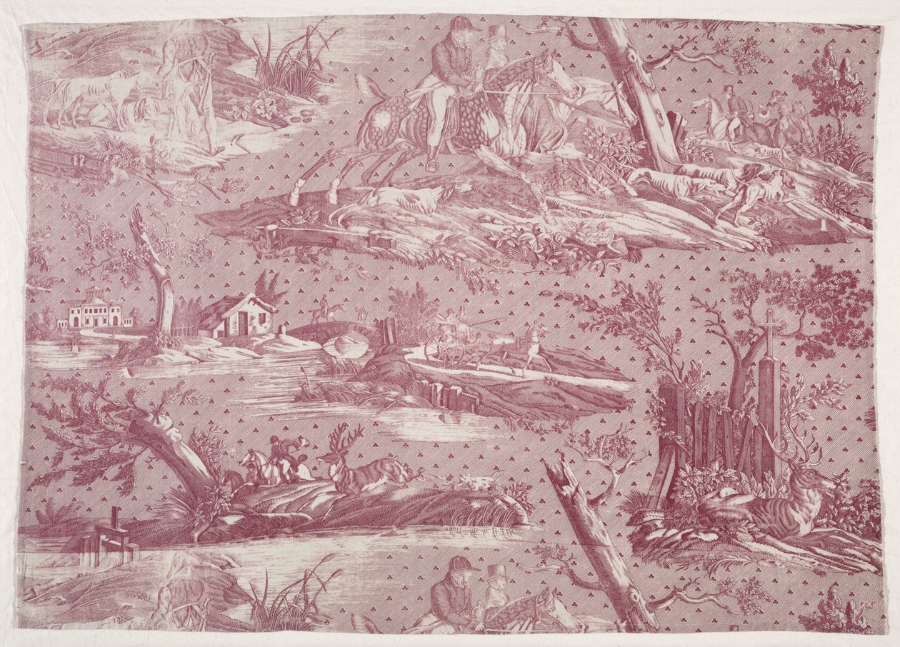 Frammento di cotone stampato a rame con disegno di scena di caccia da Horace Vernet