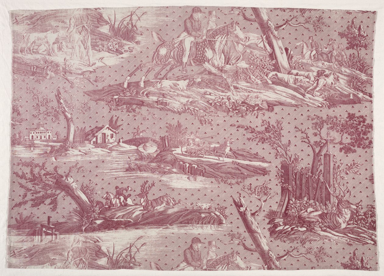 Frammento di cotone stampato a lastra con disegno di scena di caccia, c. 1815 da Emile Jean Horace Vernet