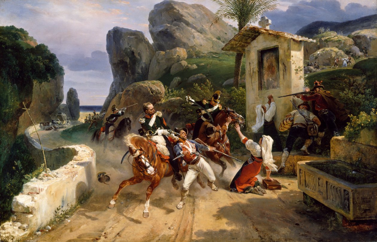 Briganti italiani sorpresi dalle truppe pontificie da Horace Vernet