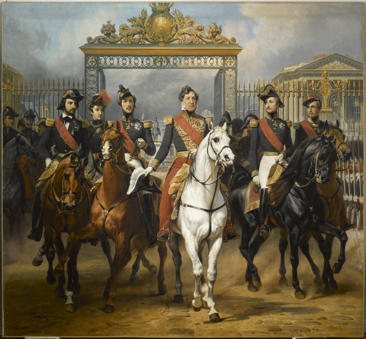 Il re Luigi Filippo circondato dai suoi cinque figli mentre esce dai cancelli principali del castello di Versailles dopo una rassegna militare nei cortili, 10 giugno 1837. da Horace Vernet