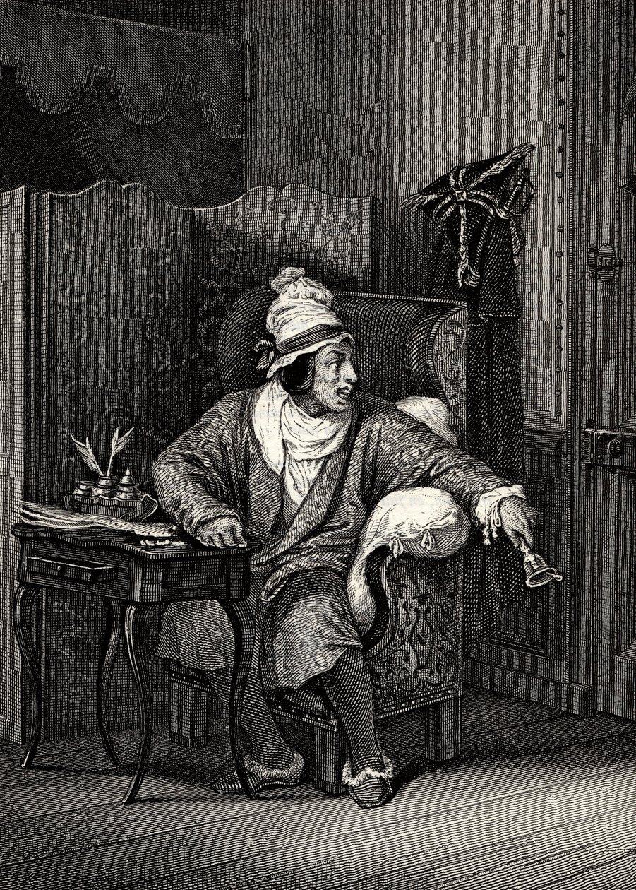 Scena da Il malato immaginario di Molière, di Horace Vernet, incisione - Le Malade imaginaire di Jean-Baptiste Poquelin detto Molière (1622-1673) da Emile Jean Horace Vernet
