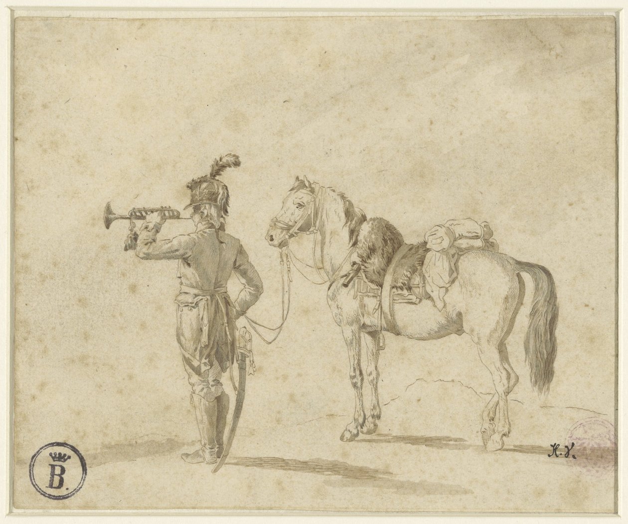Trombettista accanto a un cavallo da Emile Jean Horace Vernet