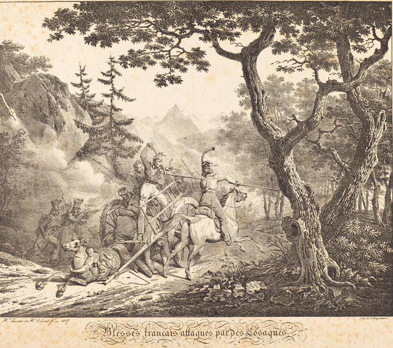 Francese ferito attaccato da un cosacco da Horace Vernet and Hippolyte Lecomte