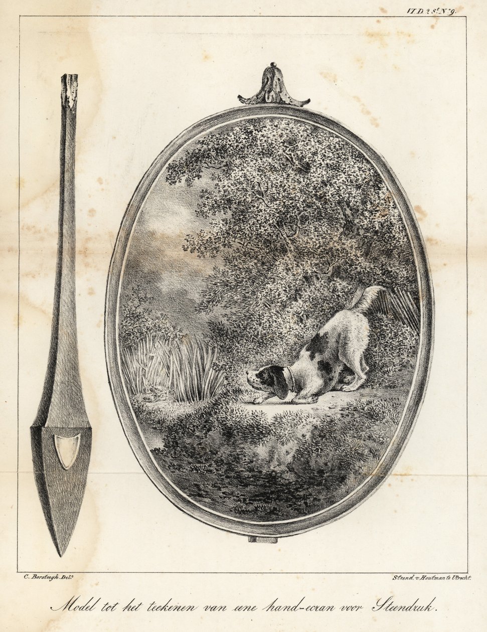 Modello per un disegno per uno schermo da mano ricamato che mostra un cane su una riva del fiume da Houtman Van