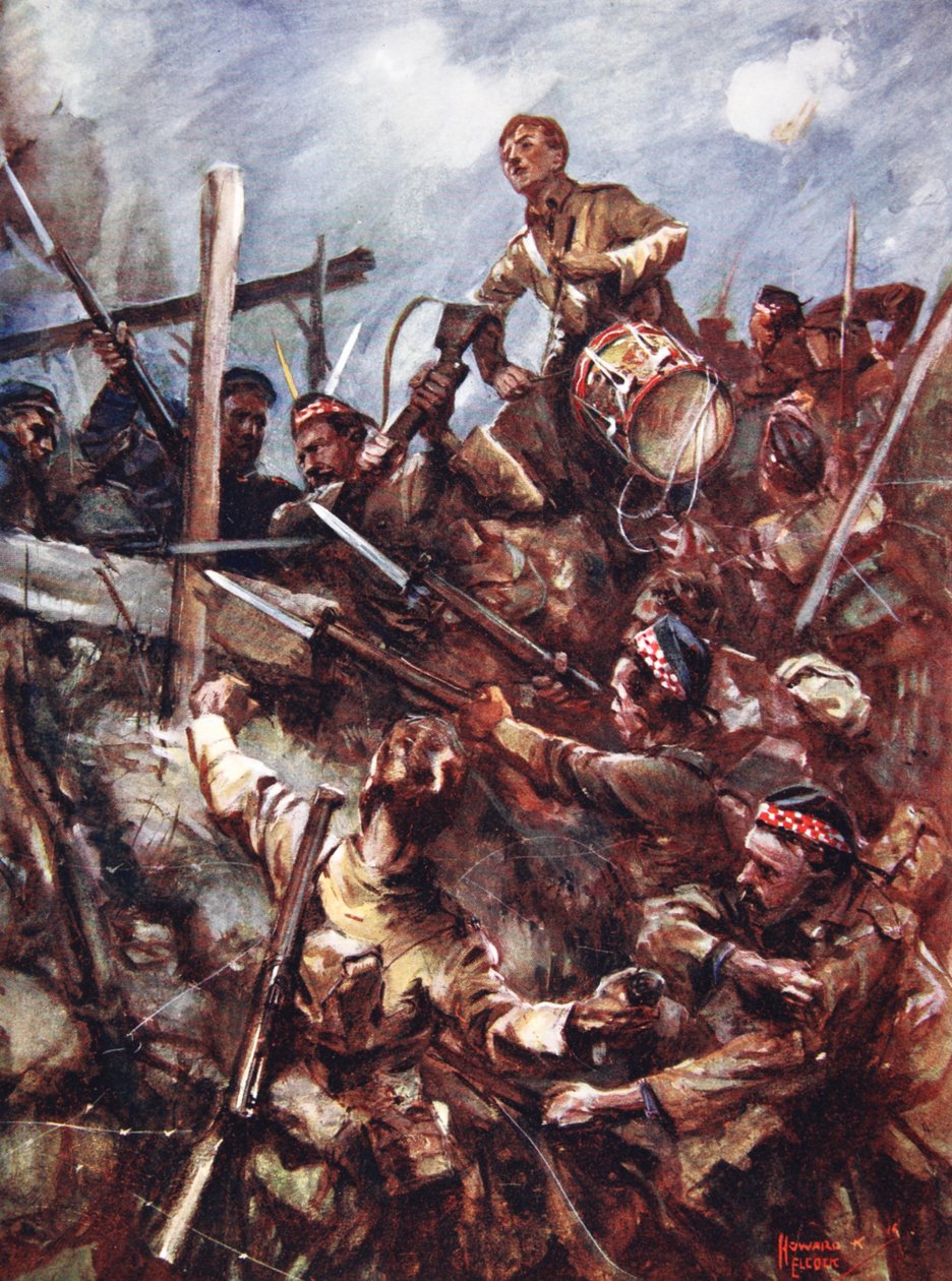 Tamburino W. Ritchie in piedi sul parapetto del nemico per suonare la carica sotto pesanti attacchi di mitragliatrici e bombe da Howard K. Elcock
