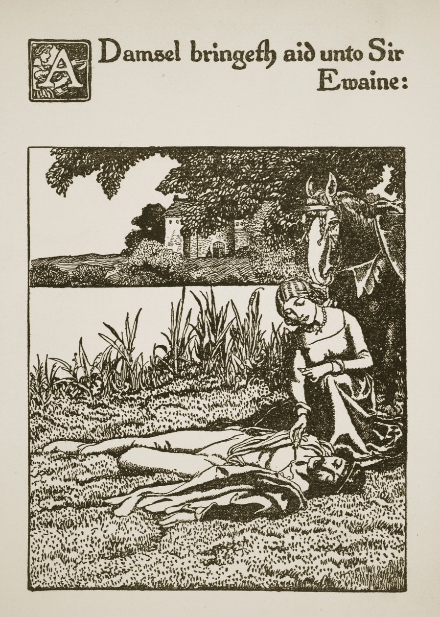 Una damigella porta aiuto a Sir Ewaine, illustrazione da 