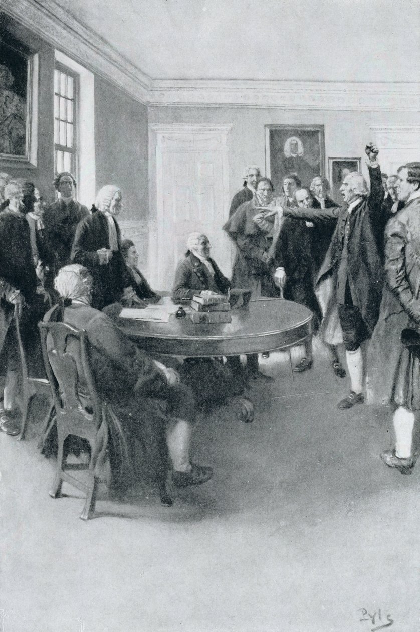 Dopo il massacro: Samuel Adams chiede al governatore Hutchinson il ritiro immediato delle truppe britanniche, illustrazione da 