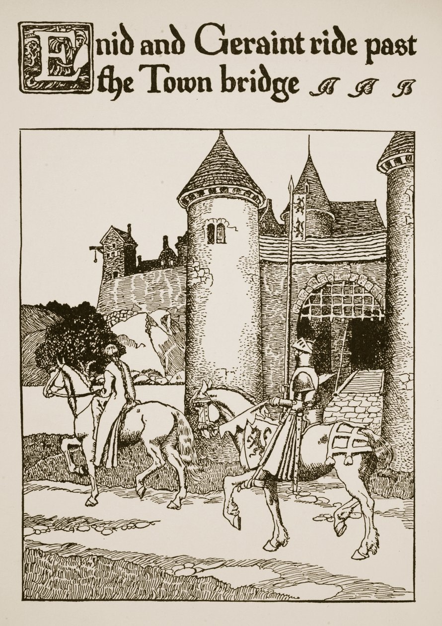 Enid e Geraint passano davanti al ponte della città, illustrazione da 