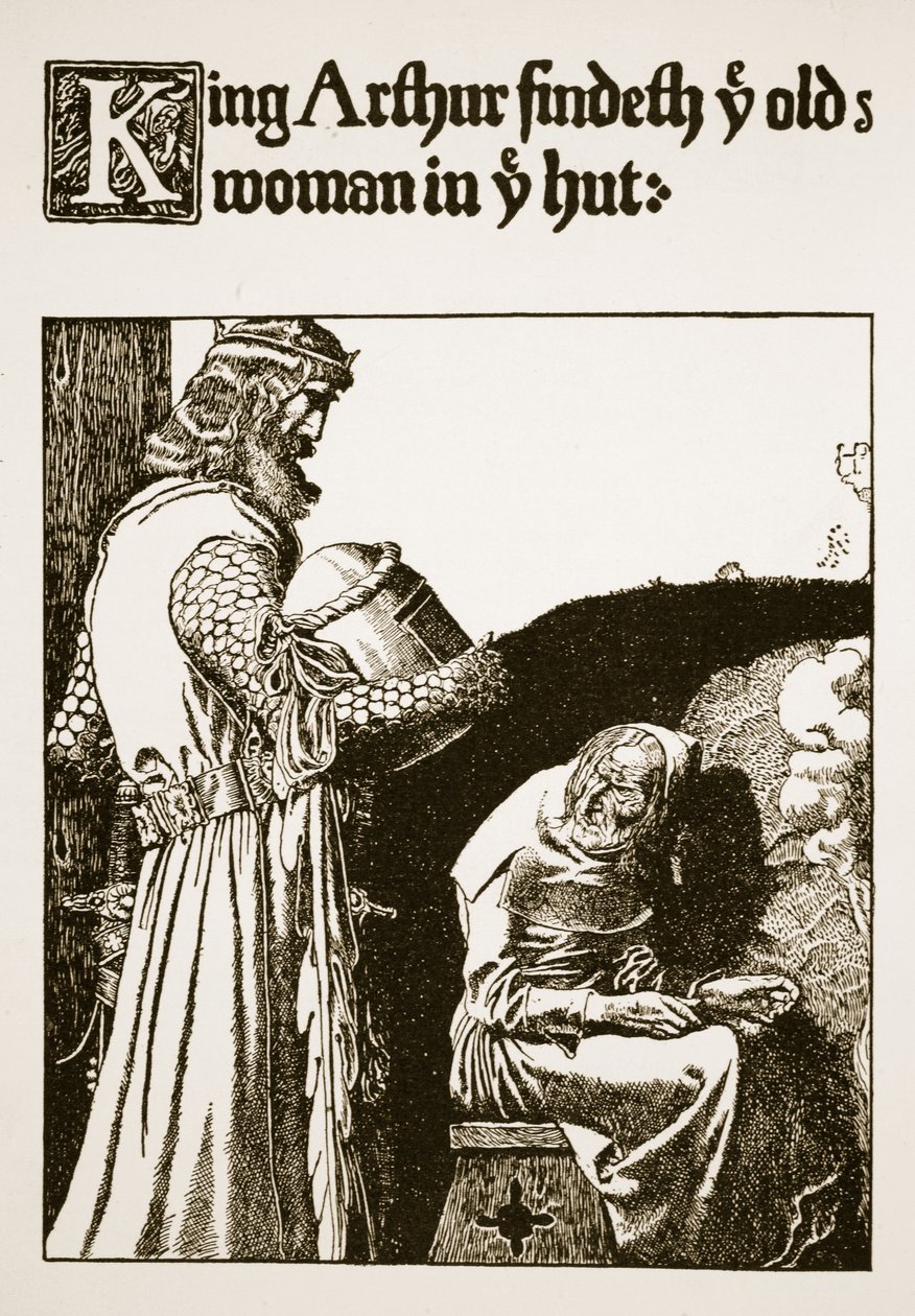 Re Artù trova la vecchia donna nella capanna, illustrazione da 