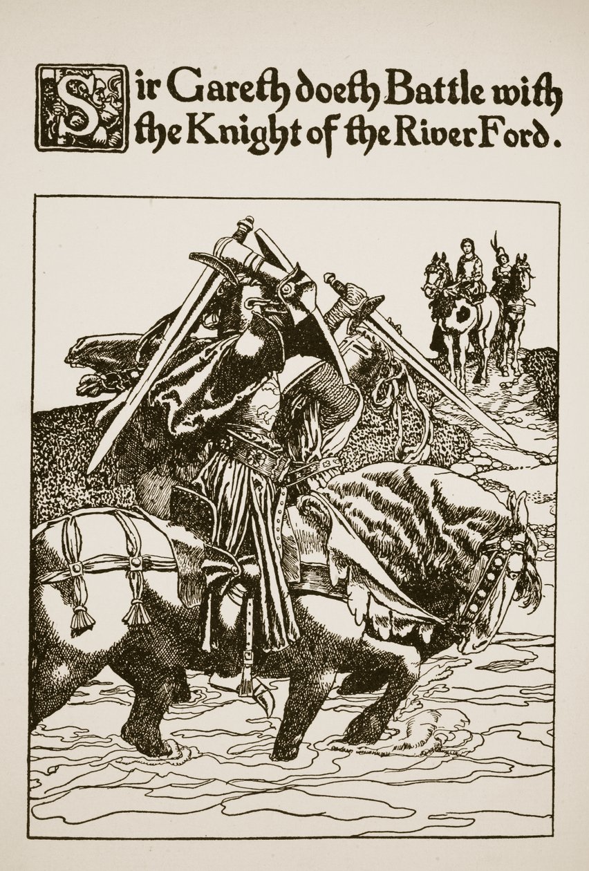 Sir Gareth combatte con il Cavaliere del Guado del Fiume, illustrazione da 