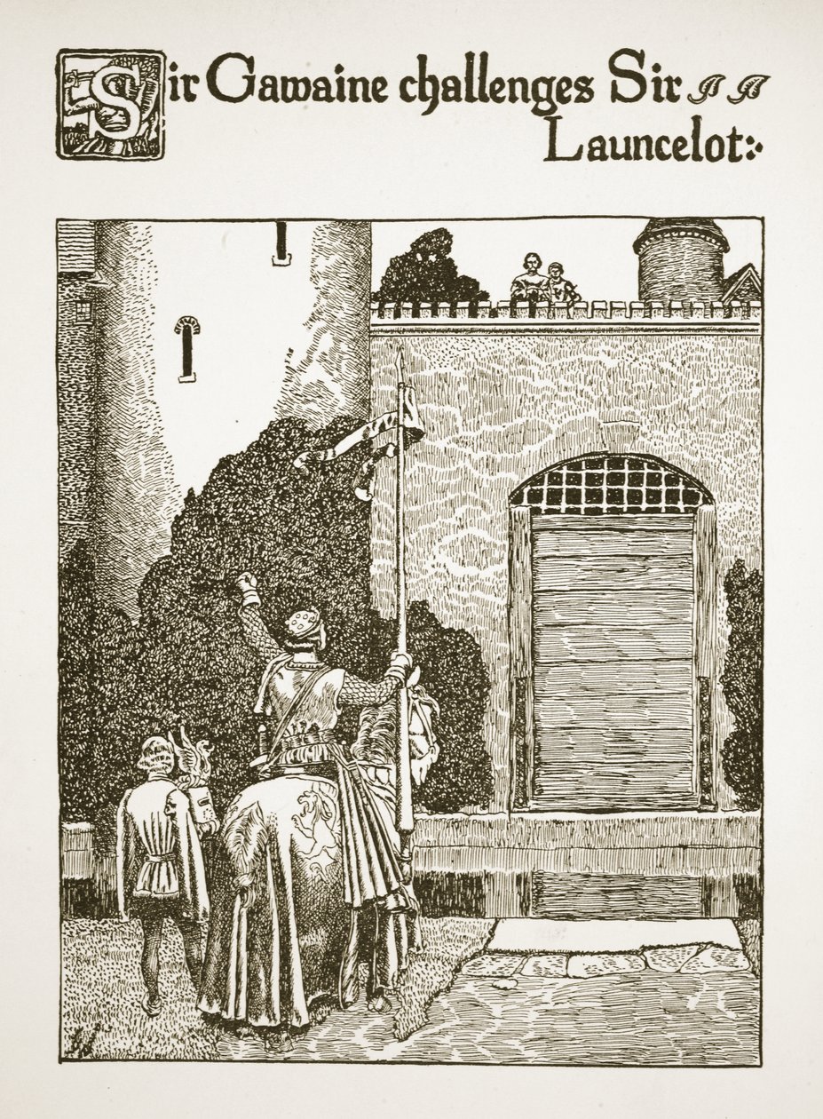 Sir Gawaine sfida Sir Launcelot, illustrazione da 