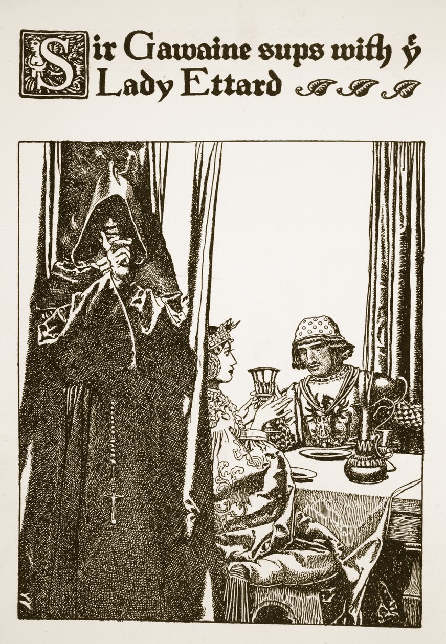 Sir Gawaine cena con la Signora Ettard, illustrazione da 