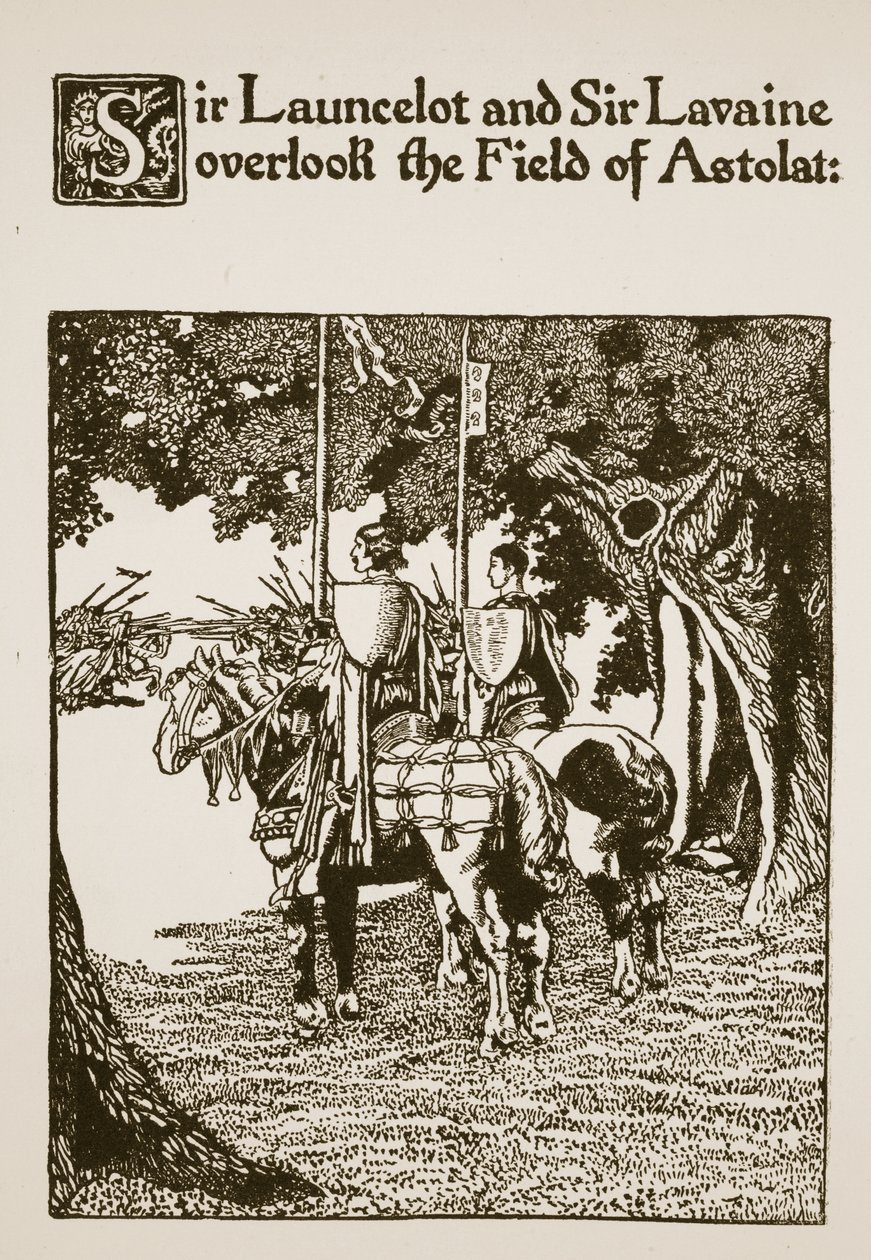 Sir Launcelot e Sir Lavaine osservano il campo di Astolat, illustrazione da 