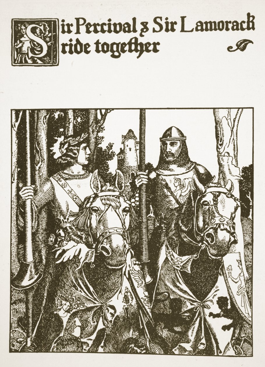 Sir Percival e Sir Lamorack cavalcano insieme, illustrazione da 