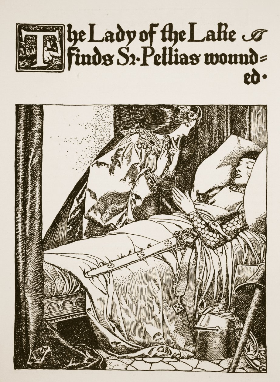 La Dama del Lago trova Sir Pellias ferito, illustrazione da 