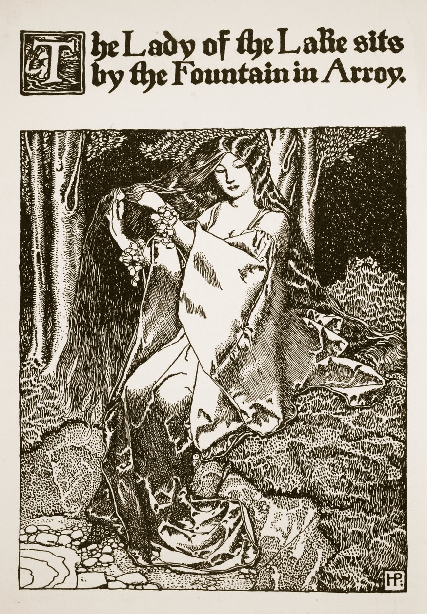 La Dama del Lago siede presso la Fontana in Arroy, illustrazione da 