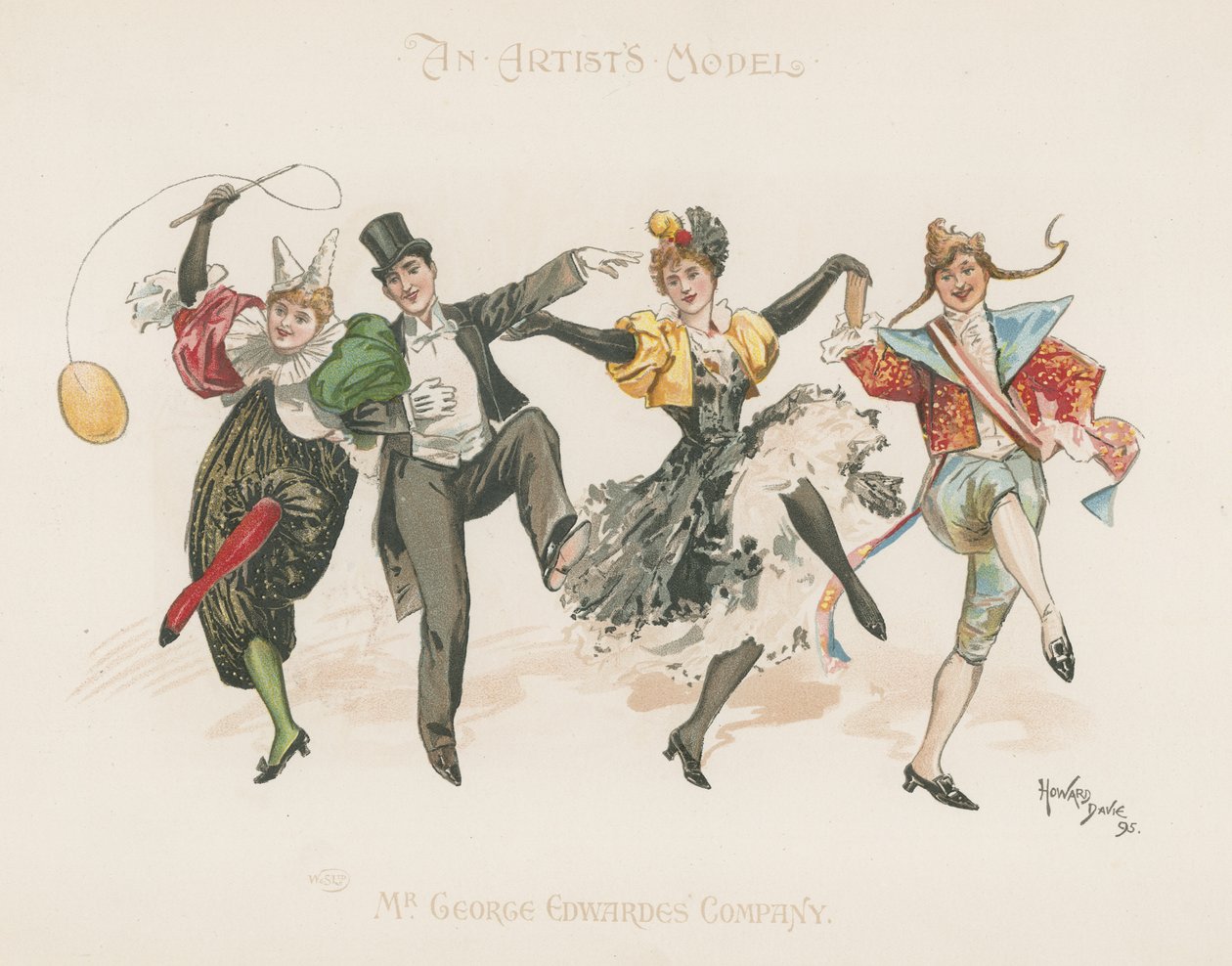 Un gruppo di due uomini e due donne, tutti in costume, mentre ballano (litografia a colori) da Howard Davie