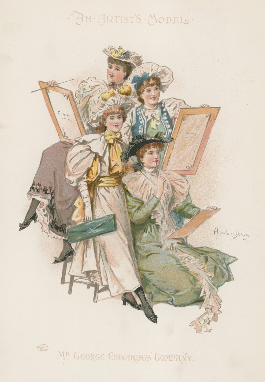 Gruppo di quattro donne ben vestite con tavole da disegno in mano (litografia a colori) da Howard Davie