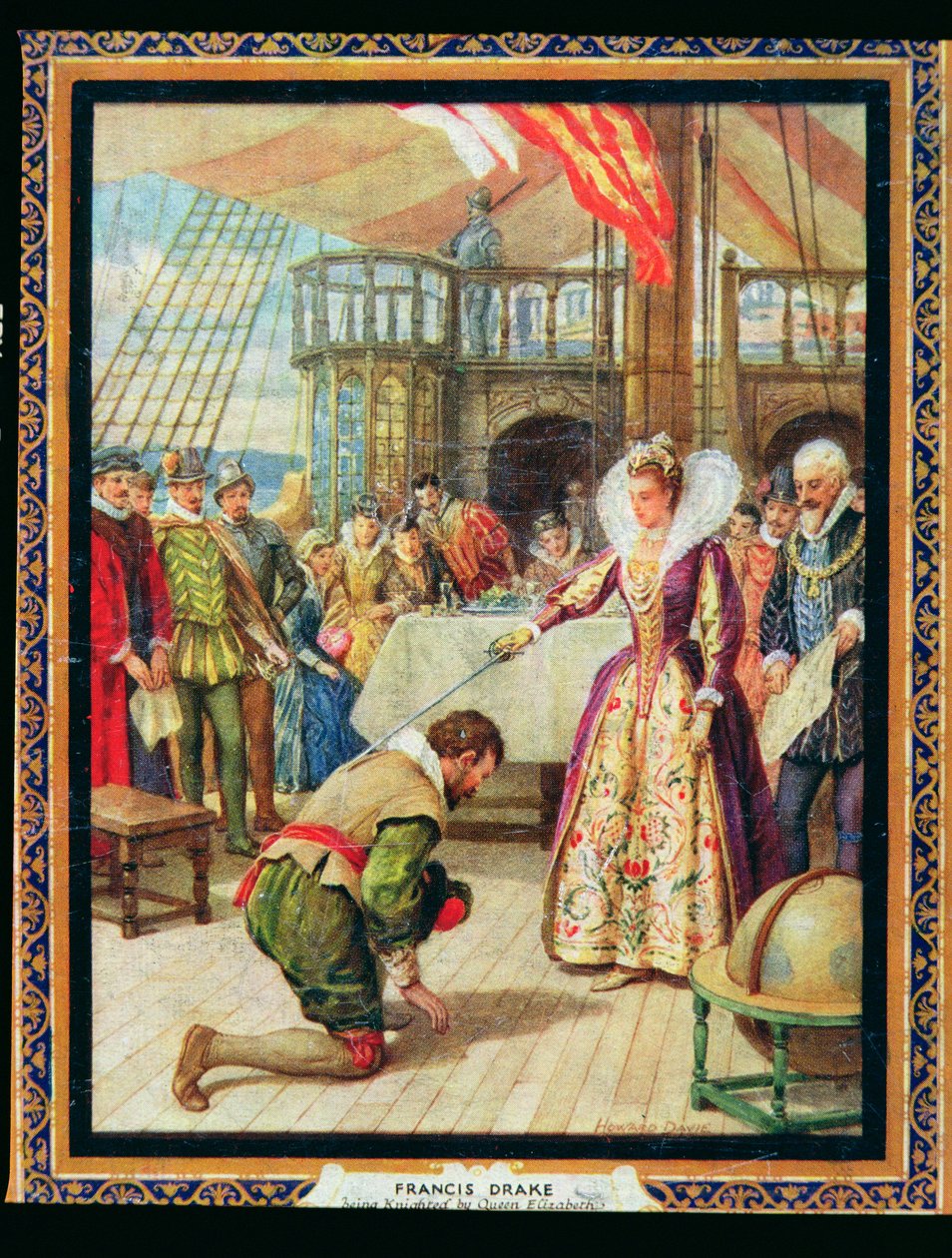 La regina Elisabetta I (1530-1603) nomina cavaliere Francis Drake (1540-96), illustrazione da 