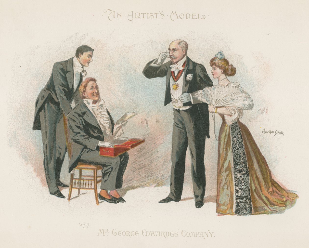 Tre uomini e una donna ben vestiti (litografia a colori) da Howard Davie