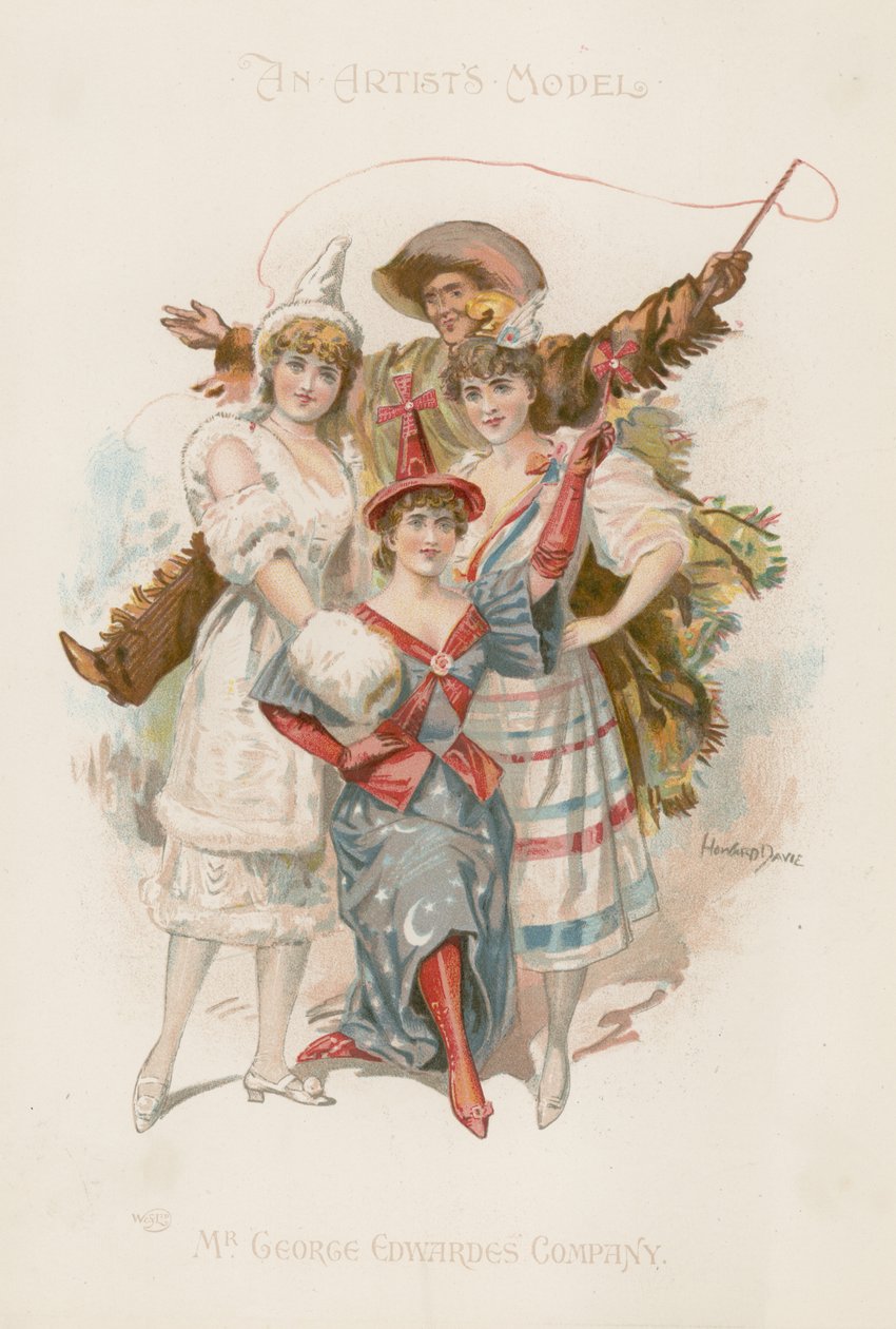 Tre danzatrici in costume con un uomo che tiene una frusta (litografia a colori) da Howard Davie