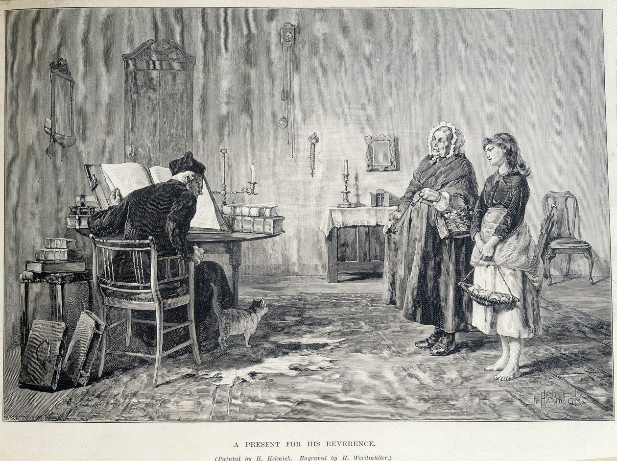 Due donne irlandesi portano un regalo a un religioso. Incisione di H. Werdmuller dopo il dipinto di H. Helmick nel XIX secolo. da Howard Helmick